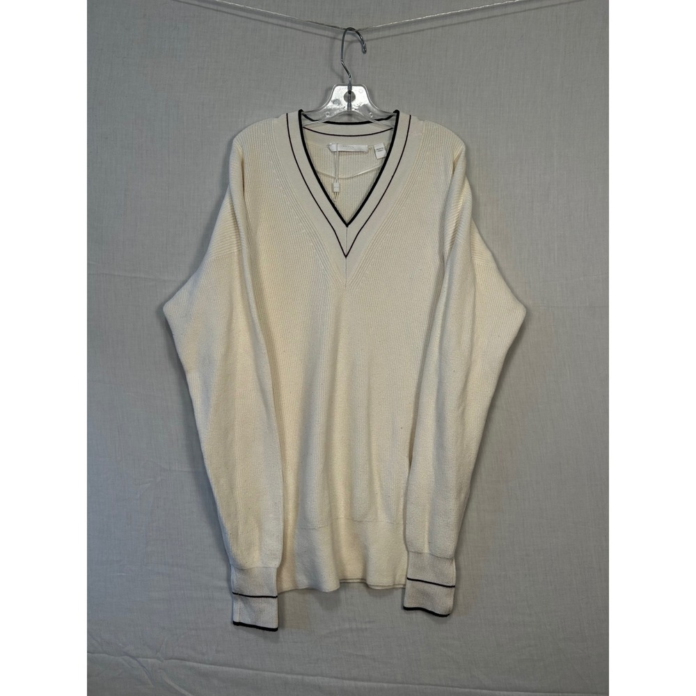 Hugo Boss Fatalina Off White Ribbed V-Neck Sweater Navy Tipping Mens Small 3040